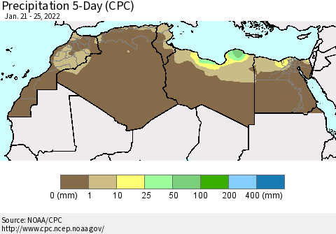 North Africa Precipitation 5-Day (CPC) Thematic Map For 1/21/2022 - 1/25/2022