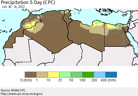 North Africa Precipitation 5-Day (CPC) Thematic Map For 1/26/2022 - 1/31/2022