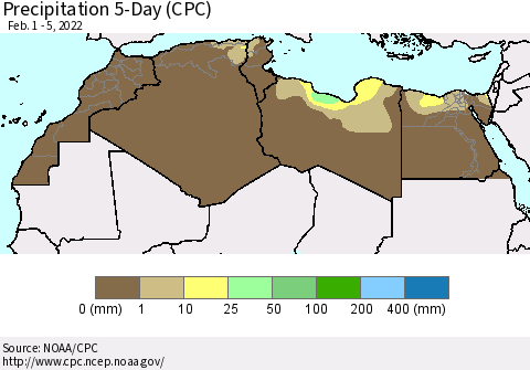 North Africa Precipitation 5-Day (CPC) Thematic Map For 2/1/2022 - 2/5/2022