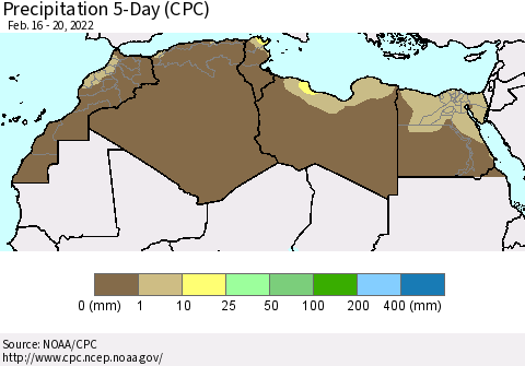 North Africa Precipitation 5-Day (CPC) Thematic Map For 2/16/2022 - 2/20/2022
