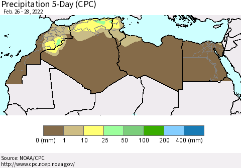 North Africa Precipitation 5-Day (CPC) Thematic Map For 2/26/2022 - 2/28/2022