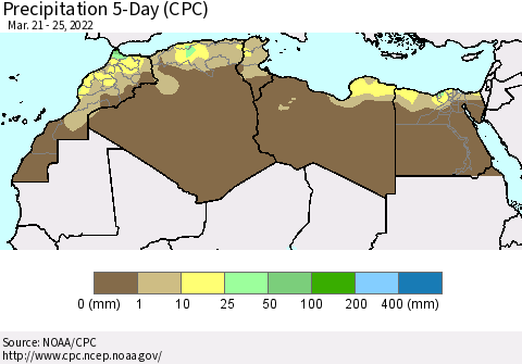 North Africa Precipitation 5-Day (CPC) Thematic Map For 3/21/2022 - 3/25/2022