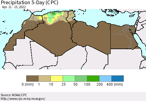 North Africa Precipitation 5-Day (CPC) Thematic Map For 4/11/2022 - 4/15/2022