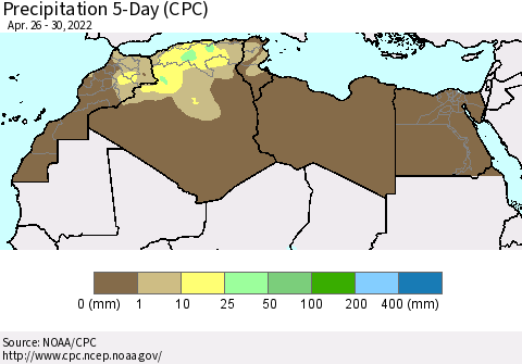 North Africa Precipitation 5-Day (CPC) Thematic Map For 4/26/2022 - 4/30/2022