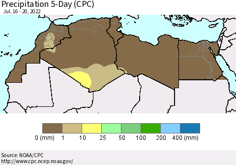 North Africa Precipitation 5-Day (CPC) Thematic Map For 7/16/2022 - 7/20/2022