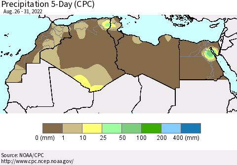 North Africa Precipitation 5-Day (CPC) Thematic Map For 8/26/2022 - 8/31/2022