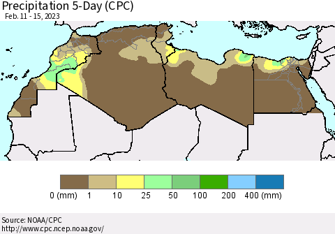 North Africa Precipitation 5-Day (CPC) Thematic Map For 2/11/2023 - 2/15/2023