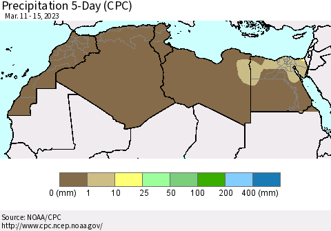 North Africa Precipitation 5-Day (CPC) Thematic Map For 3/11/2023 - 3/15/2023