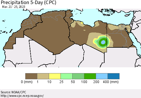 North Africa Precipitation 5-Day (CPC) Thematic Map For 3/21/2023 - 3/25/2023