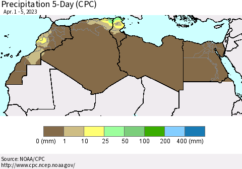 North Africa Precipitation 5-Day (CPC) Thematic Map For 4/1/2023 - 4/5/2023