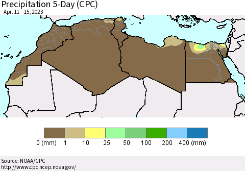 North Africa Precipitation 5-Day (CPC) Thematic Map For 4/11/2023 - 4/15/2023