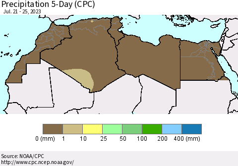 North Africa Precipitation 5-Day (CPC) Thematic Map For 7/21/2023 - 7/25/2023