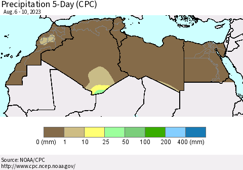 North Africa Precipitation 5-Day (CPC) Thematic Map For 8/6/2023 - 8/10/2023