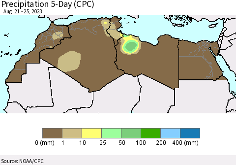 North Africa Precipitation 5-Day (CPC) Thematic Map For 8/21/2023 - 8/25/2023