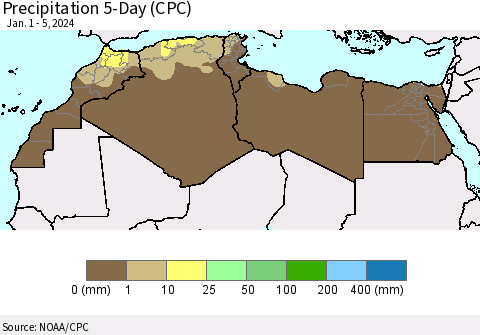 North Africa Precipitation 5-Day (CPC) Thematic Map For 1/1/2024 - 1/5/2024