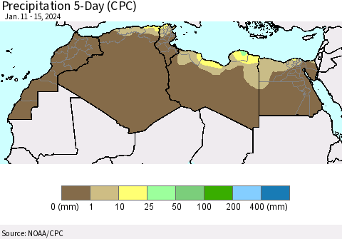 North Africa Precipitation 5-Day (CPC) Thematic Map For 1/11/2024 - 1/15/2024