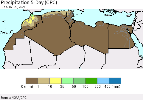 North Africa Precipitation 5-Day (CPC) Thematic Map For 1/16/2024 - 1/20/2024