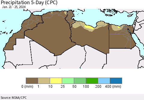 North Africa Precipitation 5-Day (CPC) Thematic Map For 1/21/2024 - 1/25/2024