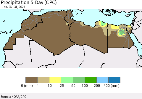 North Africa Precipitation 5-Day (CPC) Thematic Map For 1/26/2024 - 1/31/2024
