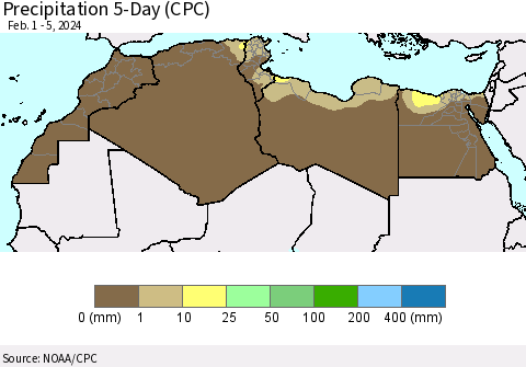 North Africa Precipitation 5-Day (CPC) Thematic Map For 2/1/2024 - 2/5/2024
