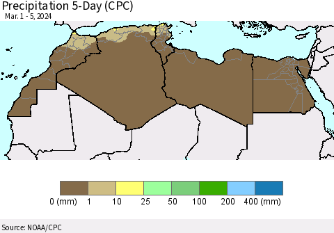 North Africa Precipitation 5-Day (CPC) Thematic Map For 3/1/2024 - 3/5/2024