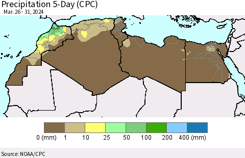 North Africa Precipitation 5-Day (CPC) Thematic Map For 3/26/2024 - 3/31/2024