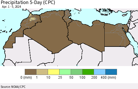 North Africa Precipitation 5-Day (CPC) Thematic Map For 4/1/2024 - 4/5/2024
