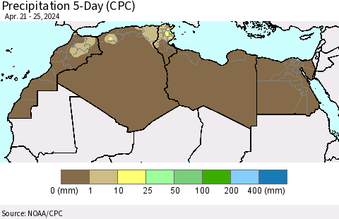 North Africa Precipitation 5-Day (CPC) Thematic Map For 4/21/2024 - 4/25/2024