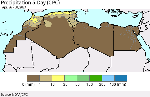 North Africa Precipitation 5-Day (CPC) Thematic Map For 4/26/2024 - 4/30/2024
