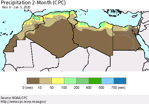North Africa Precipitation 2-Month (CPC) Thematic Map For 11/6/2019 - 1/5/2020