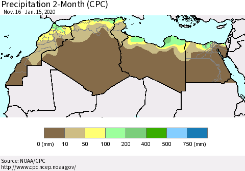 North Africa Precipitation 2-Month (CPC) Thematic Map For 11/16/2019 - 1/15/2020