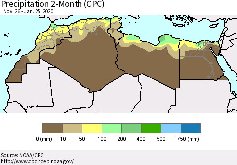 North Africa Precipitation 2-Month (CPC) Thematic Map For 11/26/2019 - 1/25/2020