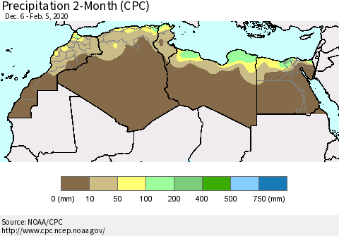 North Africa Precipitation 2-Month (CPC) Thematic Map For 12/6/2019 - 2/5/2020