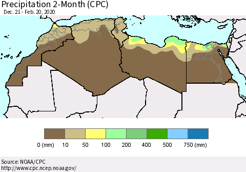 North Africa Precipitation 2-Month (CPC) Thematic Map For 12/21/2019 - 2/20/2020