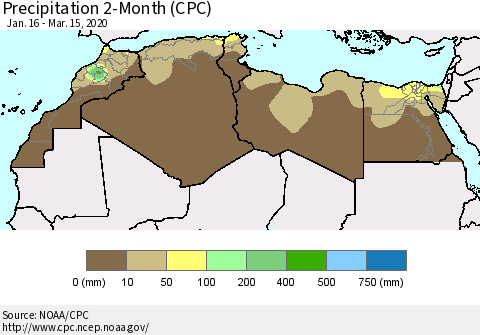 North Africa Precipitation 2-Month (CPC) Thematic Map For 1/16/2020 - 3/15/2020