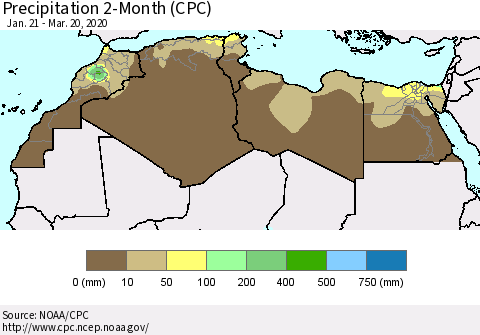 North Africa Precipitation 2-Month (CPC) Thematic Map For 1/21/2020 - 3/20/2020