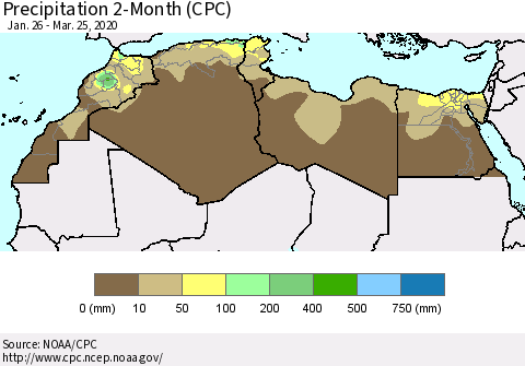 North Africa Precipitation 2-Month (CPC) Thematic Map For 1/26/2020 - 3/25/2020