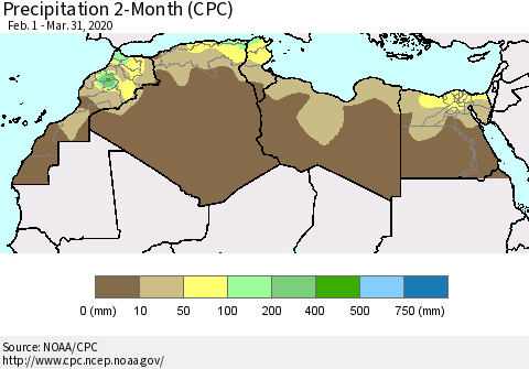 North Africa Precipitation 2-Month (CPC) Thematic Map For 2/1/2020 - 3/31/2020