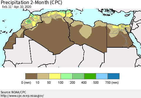 North Africa Precipitation 2-Month (CPC) Thematic Map For 2/11/2020 - 4/10/2020