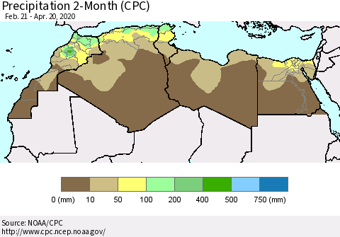 North Africa Precipitation 2-Month (CPC) Thematic Map For 2/21/2020 - 4/20/2020