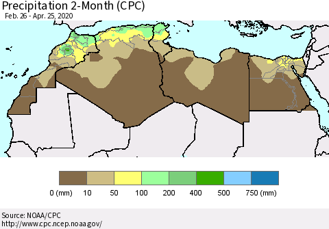 North Africa Precipitation 2-Month (CPC) Thematic Map For 2/26/2020 - 4/25/2020