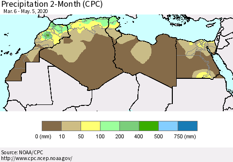 North Africa Precipitation 2-Month (CPC) Thematic Map For 3/6/2020 - 5/5/2020