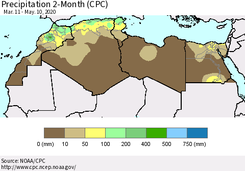 North Africa Precipitation 2-Month (CPC) Thematic Map For 3/11/2020 - 5/10/2020
