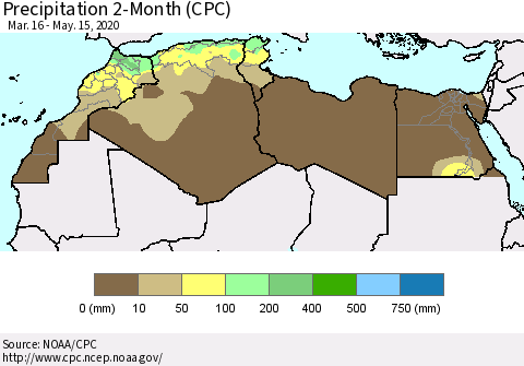 North Africa Precipitation 2-Month (CPC) Thematic Map For 3/16/2020 - 5/15/2020