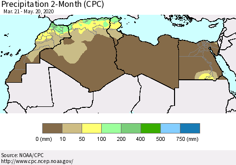 North Africa Precipitation 2-Month (CPC) Thematic Map For 3/21/2020 - 5/20/2020