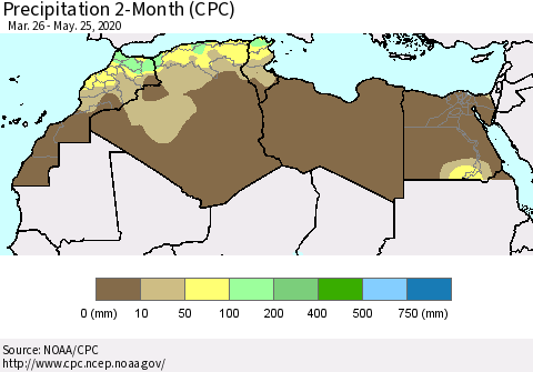 North Africa Precipitation 2-Month (CPC) Thematic Map For 3/26/2020 - 5/25/2020