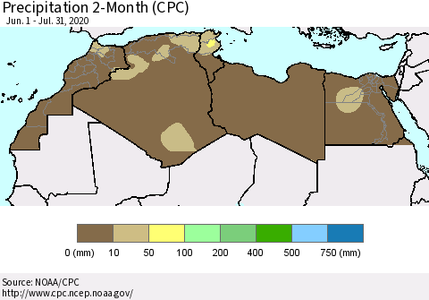 North Africa Precipitation 2-Month (CPC) Thematic Map For 6/1/2020 - 7/31/2020