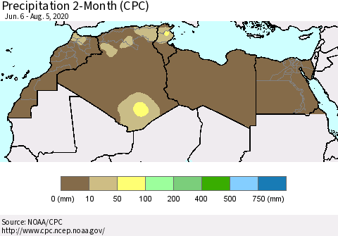 North Africa Precipitation 2-Month (CPC) Thematic Map For 6/6/2020 - 8/5/2020