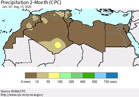 North Africa Precipitation 2-Month (CPC) Thematic Map For 6/16/2020 - 8/15/2020