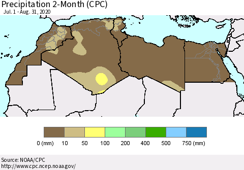 North Africa Precipitation 2-Month (CPC) Thematic Map For 7/1/2020 - 8/31/2020
